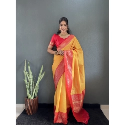 Women's Silk Blend Woven Kanjivaram Saree With Unstitched Blouse (5.5Mtr, Yellow Red)