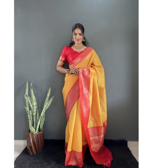 Women's Silk Blend Woven Kanjivaram Saree With Unstitched Blouse (5.5Mtr, Yellow Red)