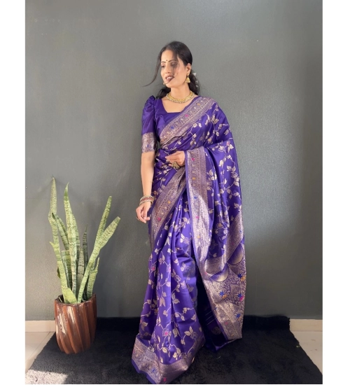 Women's Silk Blend Woven Kanjivaram Saree With Unstitched Blouse (5.5Mtr, Purple)