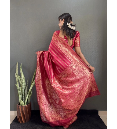 Women's Silk Blend Woven Kanjivaram Saree With Unstitched Blouse (5.5Mtr, Pink)