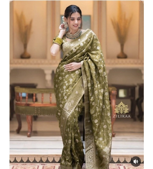 Women's Silk Woven Kanjivaram Saree With Unstitched Blouse (5.5Mtr, Mehendi Green)