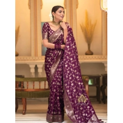 Women's Silk Woven Kanjivaram Saree With Unstitched Blouse (5.5Mtr, Dark Purple)