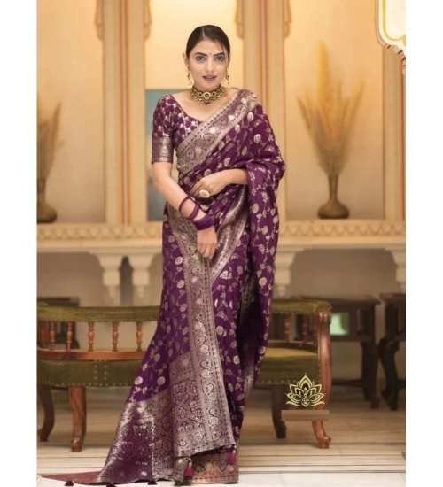 Women's Silk Woven Kanjivaram Saree With Unstitched Blouse (5.5Mtr, Dark Purple)