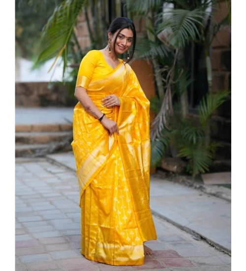 Women's Silk Blend Self Design Banarasi Saree With Unstitched Blouse (5.5Mtr, Yellow)