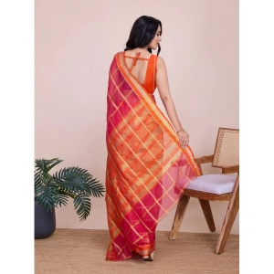 Generic Women's Cotton Silk Checkered Kota Doria Saree With Unstitched Blouse (5.5Mtr, Red)