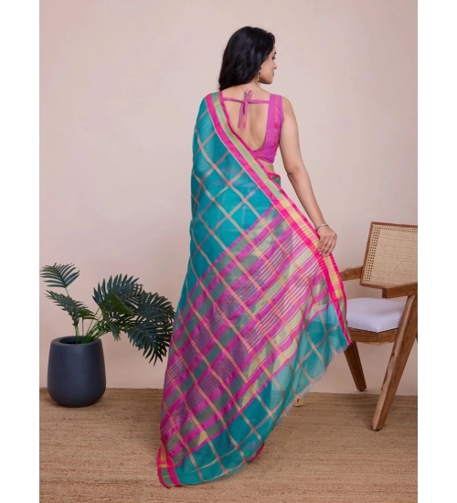 Women's Cotton Silk Checkered Kota Doria Saree With Unstitched Blouse (5.5Mtr, Rama)