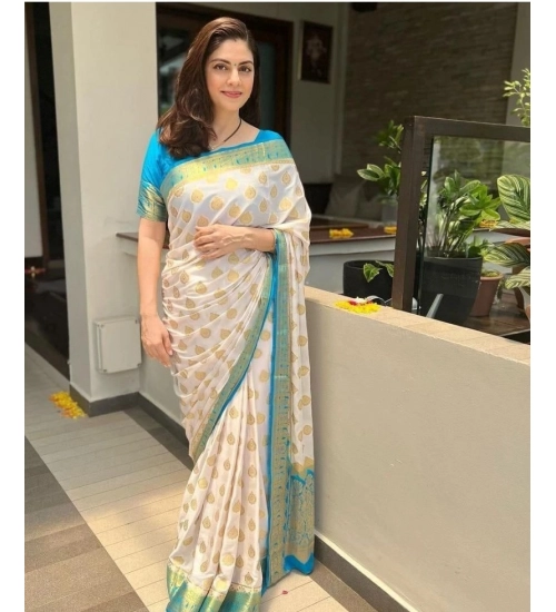 Women's Silk Blend Woven Kanjivaram Saree With Unstitched Blouse (5.5Mtr, White Rama)