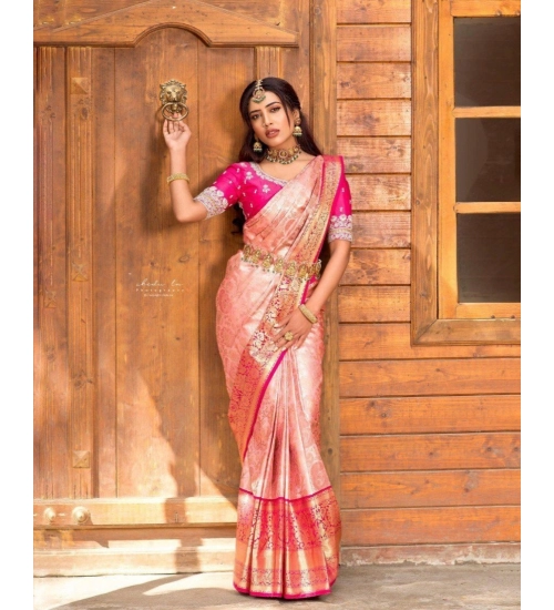 Women's Silk Blend Self Design Banarasi Saree With Unstitched Blouse (5.5Mtr, Peach)