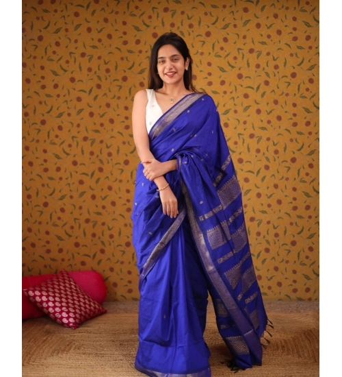 Women's Silk Blend Self Design Bollywood Saree With Unstitched Blouse (5.5Mtr, Blue)