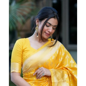 Generic Women's Silk Blend Self Design Banarasi Saree With Unstitched Blouse (5.5Mtr, Yellow)