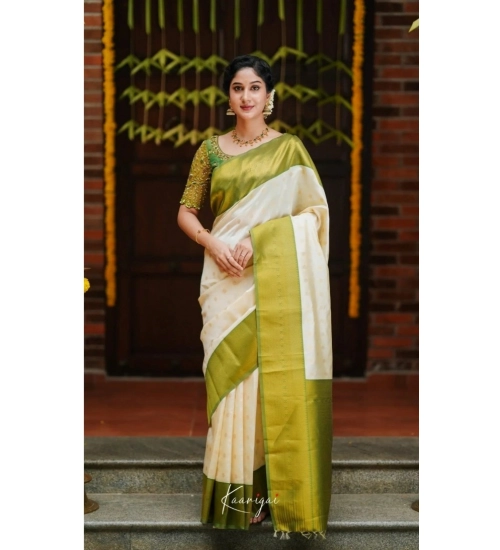 Women's Silk Blend Self Design Banarasi Saree With Unstitched Blouse (5.5Mtr, White Green)
