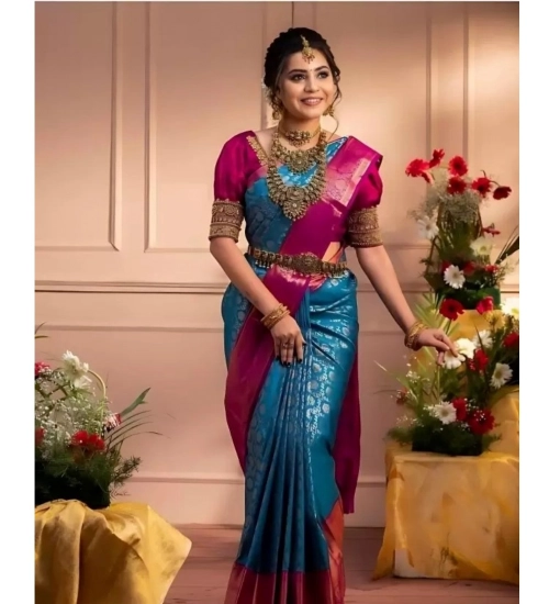 Women's Silk Blend Self Design Banarasi Saree With Unstitched Blouse (5.5Mtr, Sky Blue)