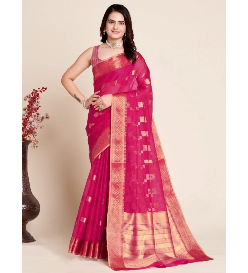 Women's Silk Blend Printed Banarasi Saree With Unstitched Blouse (5.5Mtr, Pink)