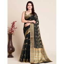Women's Silk Blend Printed Banarasi Saree With Unstitched Blouse (5.5Mtr, Black)