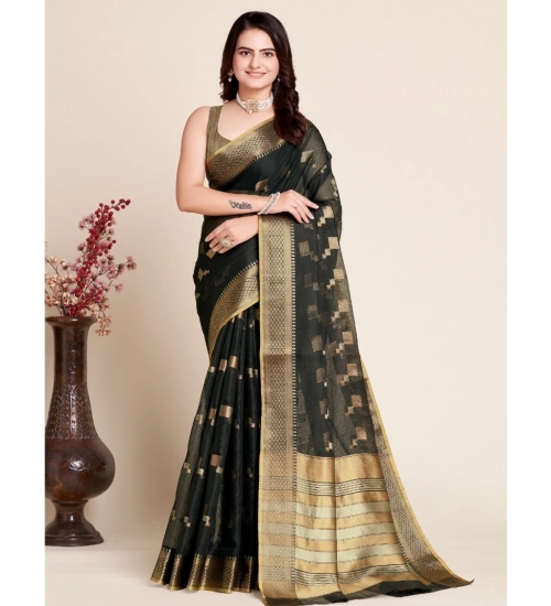 Women's Silk Blend Printed Banarasi Saree With Unstitched Blouse (5.5Mtr, Black)