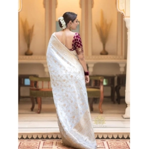 Generic Women's Silk Woven Kanjivaram Saree With Unstitched Blouse (5.5Mtr, White)