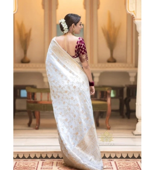 Women's Silk Woven Kanjivaram Saree With Unstitched Blouse (5.5Mtr, White)
