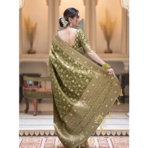 Generic Women's Silk Woven Kanjivaram Saree With Unstitched Blouse (5.5Mtr, Mehendi Green)