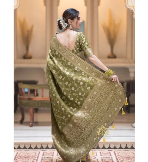Women's Silk Woven Kanjivaram Saree With Unstitched Blouse (5.5Mtr, Mehendi Green)