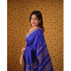 Generic Women's Silk Blend Self Design Bollywood Saree With Unstitched Blouse (5.5Mtr, Blue)