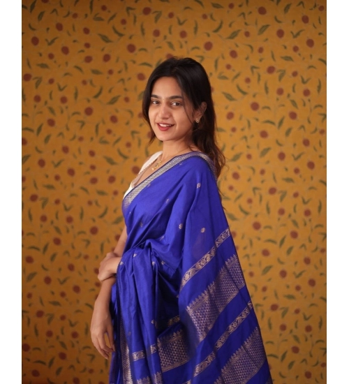Women's Silk Blend Self Design Bollywood Saree With Unstitched Blouse (5.5Mtr, Blue)