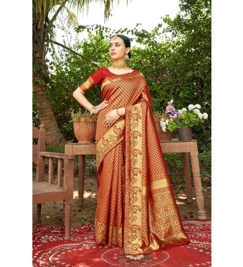Women's Silk Woven Kanjivaram Saree With Unstitched Blouse (5.5Mtr, Red)