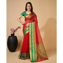 Women's Cotton Blend Woven  Saree With Unstitched Blouse (5.5Mtr, Red)