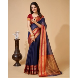 Women's Cotton Blend Woven  Saree With Unstitched Blouse (5.5Mtr, Navy Blue)