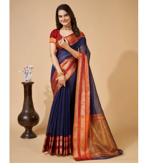 Women's Cotton Blend Woven  Saree With Unstitched Blouse (5.5Mtr, Navy Blue)