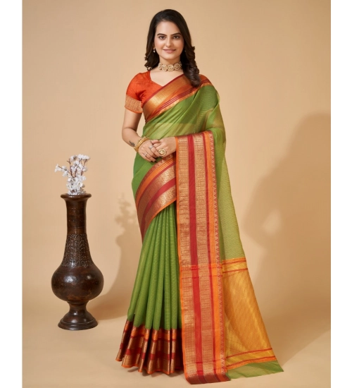 Women's Cotton Blend Woven  Saree With Unstitched Blouse (5.5Mtr, Green)
