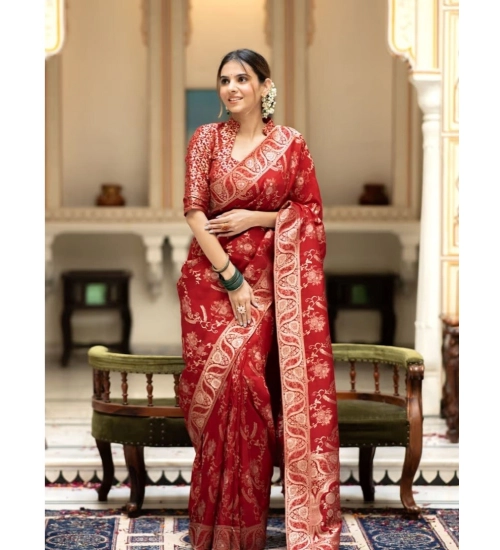 Women's Pure Cotton Woven Arani Pattu Saree With Unstitched Blouse (5.5Mtr, Red)