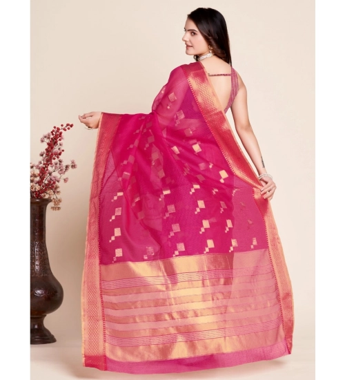 Women's Silk Blend Printed Banarasi Saree With Unstitched Blouse (5.5Mtr, Pink)