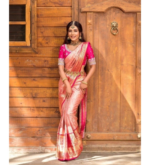 Women's Silk Blend Self Design Banarasi Saree With Unstitched Blouse (5.5Mtr, Peach)