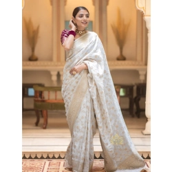 Women's Silk Woven Kanjivaram Saree With Unstitched Blouse (5.5Mtr, White)