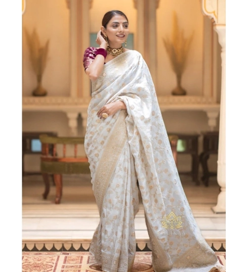 Women's Silk Woven Kanjivaram Saree With Unstitched Blouse (5.5Mtr, White)