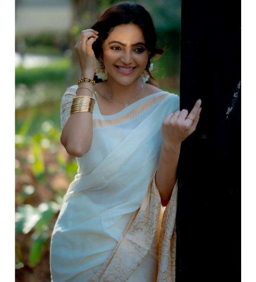 Women's Silk Blend Self Design Bollywood Saree With Unstitched Blouse (5.5Mtr, White)