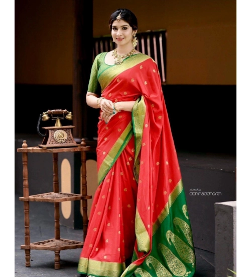 Women's Silk Blend Self Design Banarasi Saree With Unstitched Blouse (5.5Mtr, Red Green)