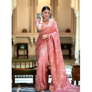 Generic Women's Art Silk Embellished Kanjivaram Saree With Unstitched Blouse (5.5Mtr, Peach)