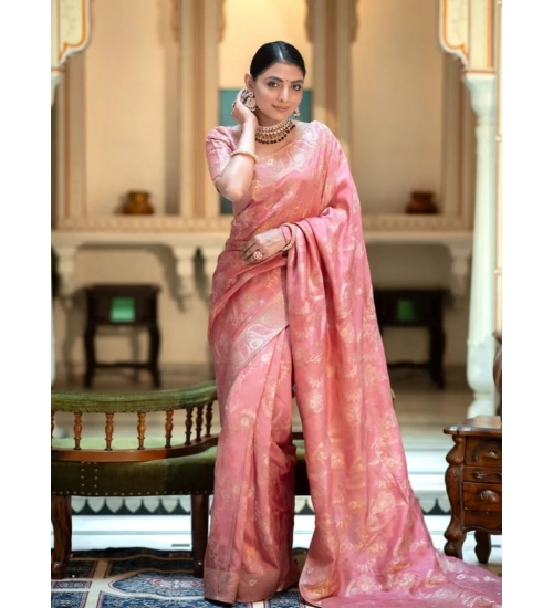 Women's Art Silk Embellished Kanjivaram Saree With Unstitched Blouse (5.5Mtr, Peach)