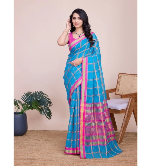 Women's Cotton Silk Checkered Kota Doria Saree With Unstitched Blouse (5.5Mtr, Sky Blue)
