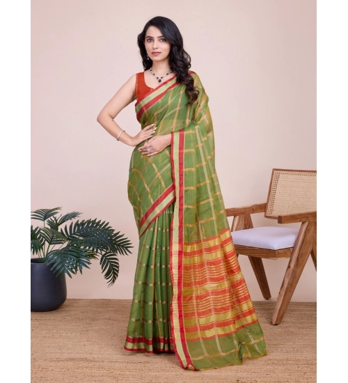 Women's Cotton Silk Checkered Kota Doria Saree With Unstitched Blouse (5.5Mtr, Mehendi)