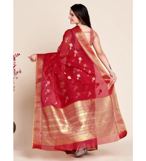 Women's Silk Blend Printed Banarasi Saree With Unstitched Blouse (5.5Mtr, Dark Rani)