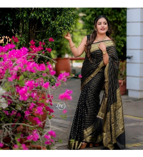 Women's Silk Woven Kanjivaram Saree With Unstitched Blouse (5.5Mtr, Black)