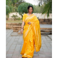 Women's Silk Blend Self Design Banarasi Saree With Unstitched Blouse (5.5Mtr, Yellow)