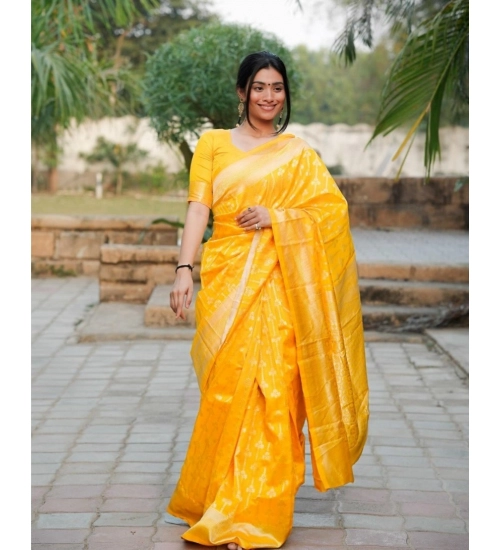 Women's Silk Blend Self Design Banarasi Saree With Unstitched Blouse (5.5Mtr, Yellow)