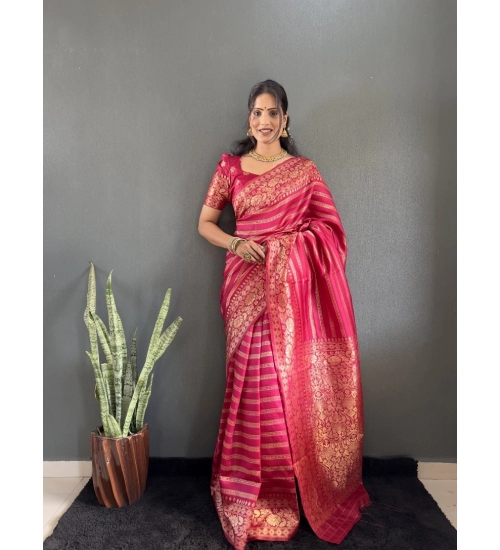 Women's Silk Blend Woven Kanjivaram Saree With Unstitched Blouse (5.5Mtr, Pink)