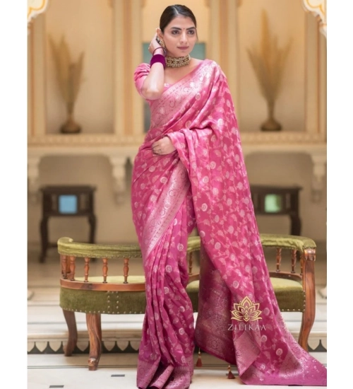 Women's Silk Woven Kanjivaram Saree With Unstitched Blouse (5.5Mtr, Pink)