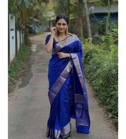 Women's Silk Woven Kanjivaram Saree With Unstitched Blouse (5.5Mtr, Blue)