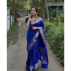 Women's Silk Woven Kanjivaram Saree With Unstitched Blouse (5.5Mtr, Blue)