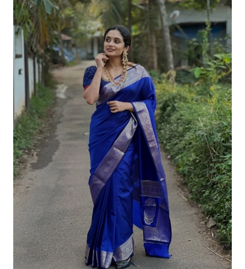 Women's Silk Woven Kanjivaram Saree With Unstitched Blouse (5.5Mtr, Blue)